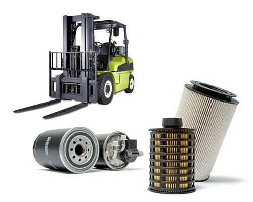  Four type of fuel filters for Clark forklifts in front a Clark lift truck